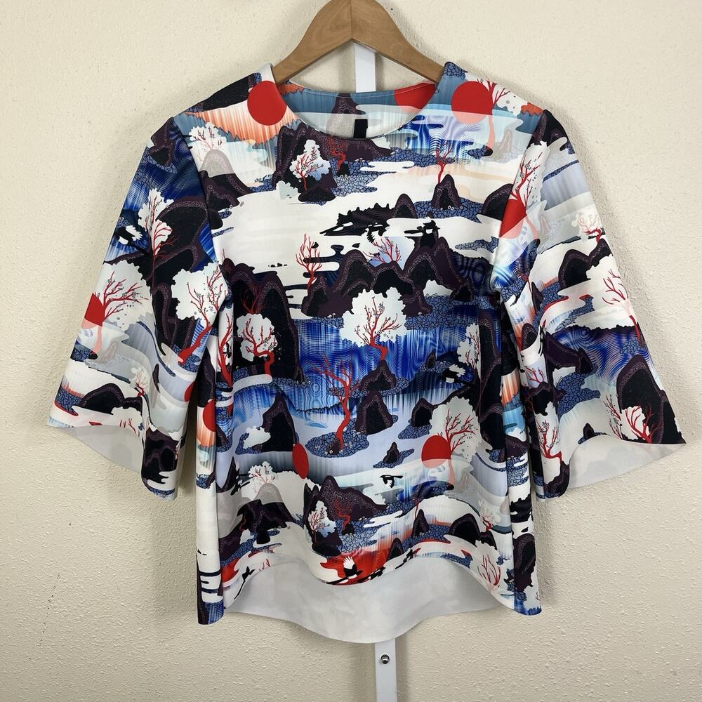 Garnish PDX Scenic Print Scuba Blouse Womens Small Bell Sleeve Art To Wear Asian
